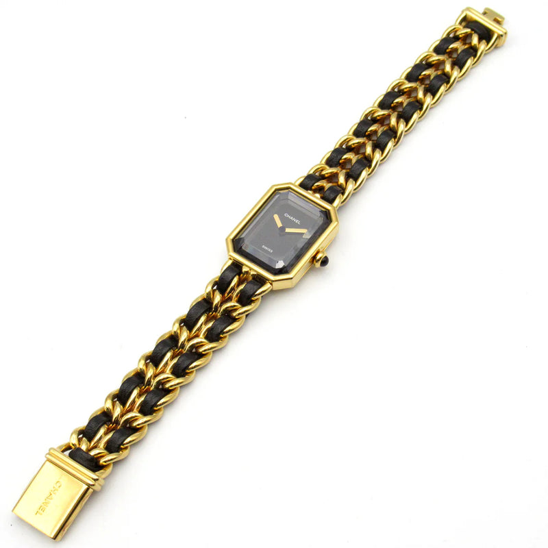 Chanel CC Première L Quartz Watch H0001 – Gold Plated with Black Leather