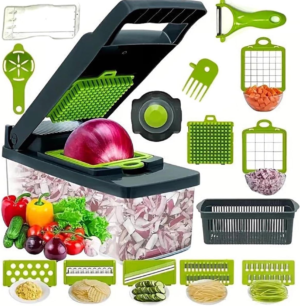 14-in-1 Multifunctional Vegetable Chopper – Mandoline Slicer, Dicer & Cutter with Container