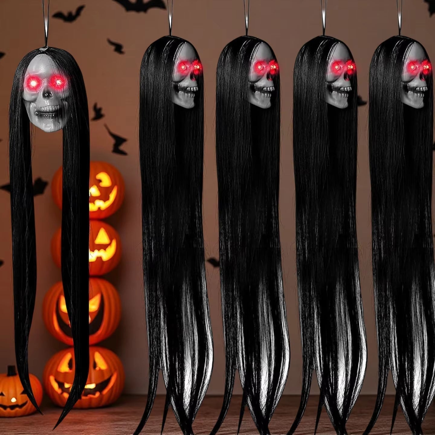 Halloween Hanging Ghost Skull with Long Hair & Glowing Red Eyes – Scary Skull Head Prop for Haunted House, Party, and Outdoor Decor 2024