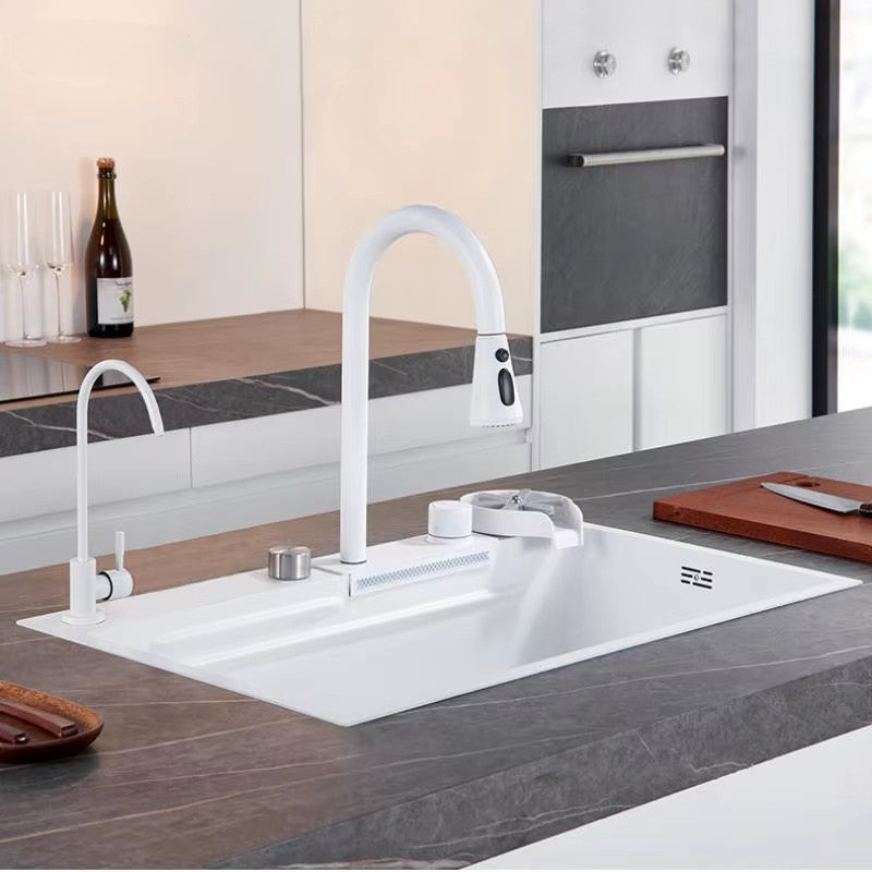 White Stainless Steel Kitchen Sink – Multifunctional Set with Faucet, Basin, Drain Basket & Chopping Board