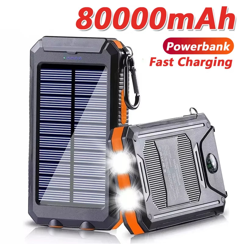 Solar Power Bank 80000mAh Portable Charger with Dual USB & LED Flashlight – Waterproof & Fast Charging