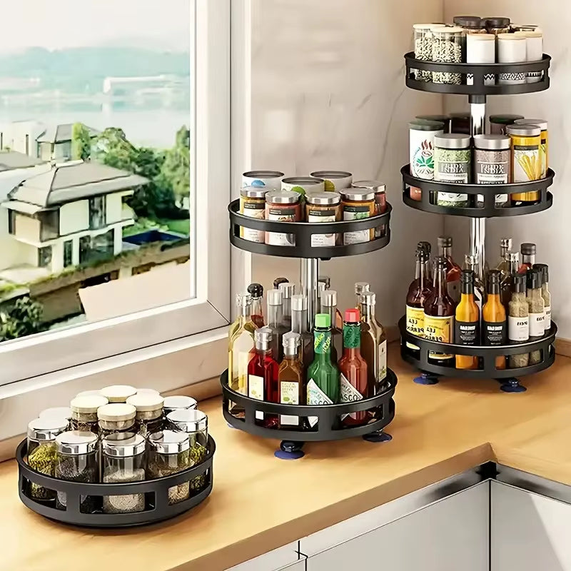 360° Rotating Spice Rack Organizer – Non-Slip Kitchen Storage Tray for Jars, Bottles & Seasonings