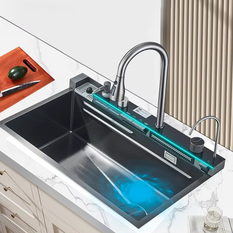 Gun Grey 304 Stainless Steel Waterfall Kitchen Sink with Digital Faucet, Soap Dispenser & Vegetable Basin Set