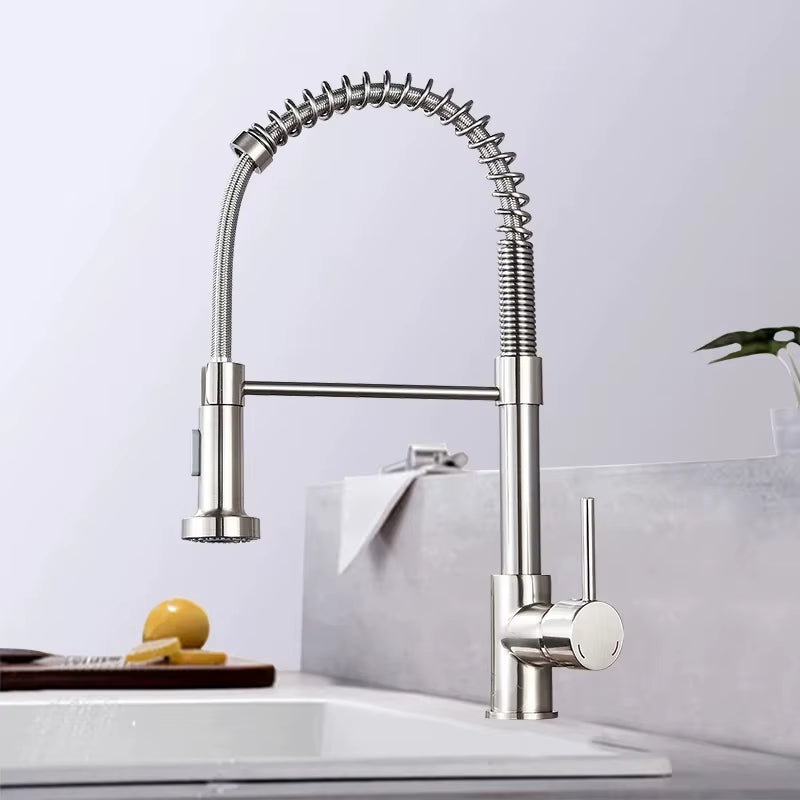 Spring Brushed Nickel Kitchen Faucet – 360° Rotating Pull-Down Mixer Tap with Dual Water Modes