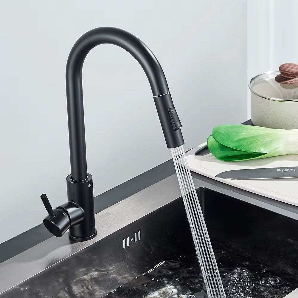 Matte Black Kitchen Faucet – Pull Out Mixer Tap with Dual Spray Modes
