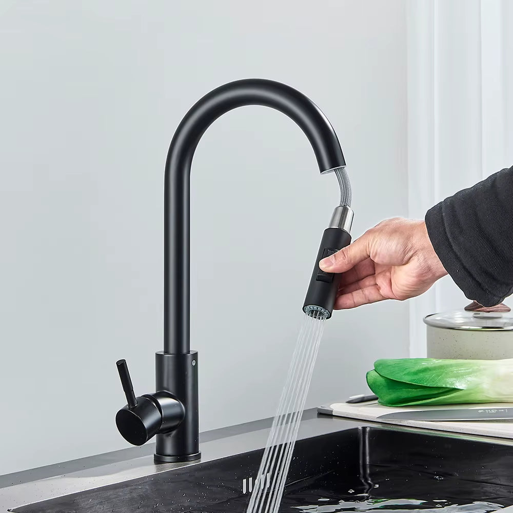 Matte Black Kitchen Faucet – Pull Out Mixer Tap with Dual Spray Modes