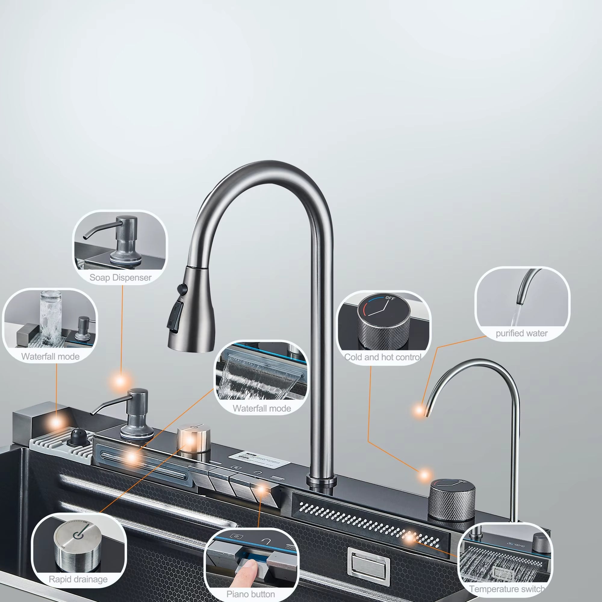 Gun Grey 304 Stainless Steel Waterfall Kitchen Sink with Digital Faucet, Soap Dispenser & Vegetable Basin Set