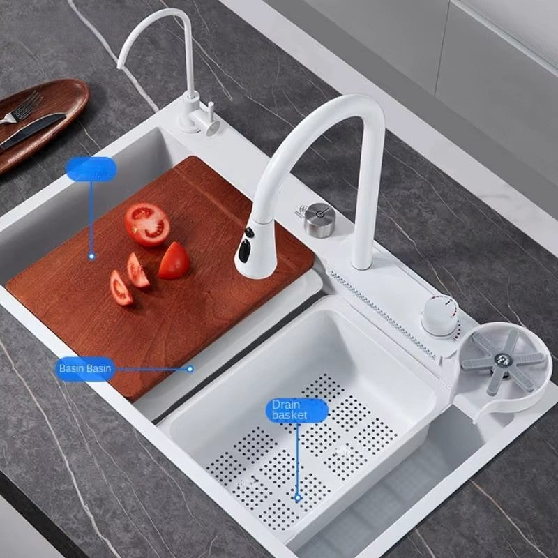 White Stainless Steel Kitchen Sink – Multifunctional Set with Faucet, Basin, Drain Basket & Chopping Board