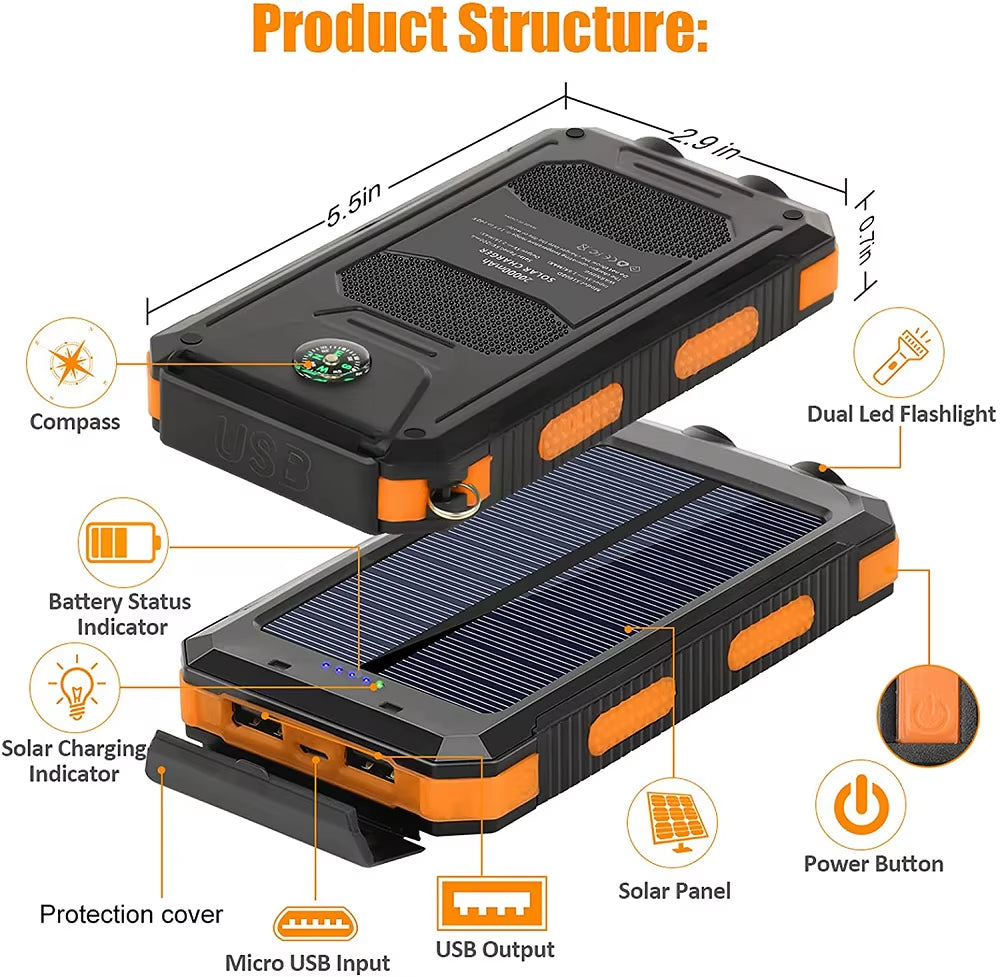 Solar Power Bank 80000mAh Portable Charger with Dual USB & LED Flashlight – Waterproof & Fast Charging