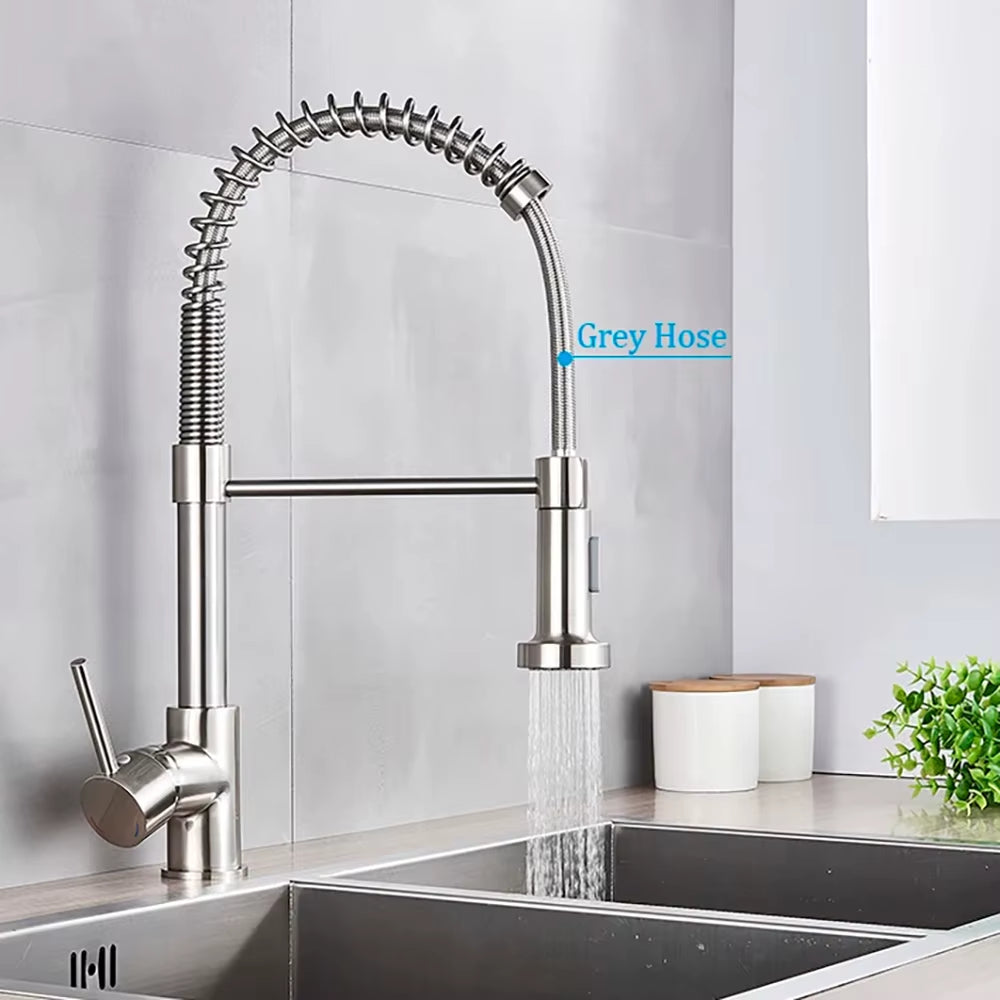 Spring Brushed Nickel Kitchen Faucet – 360° Rotating Pull-Down Mixer Tap with Dual Water Modes