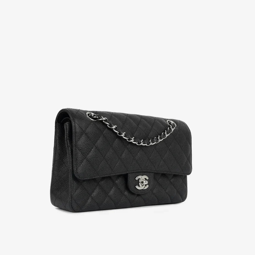 Chanel Classic Medium Double Flap Black Caviar Leather Silver Hardware with Card – Excellent Condition