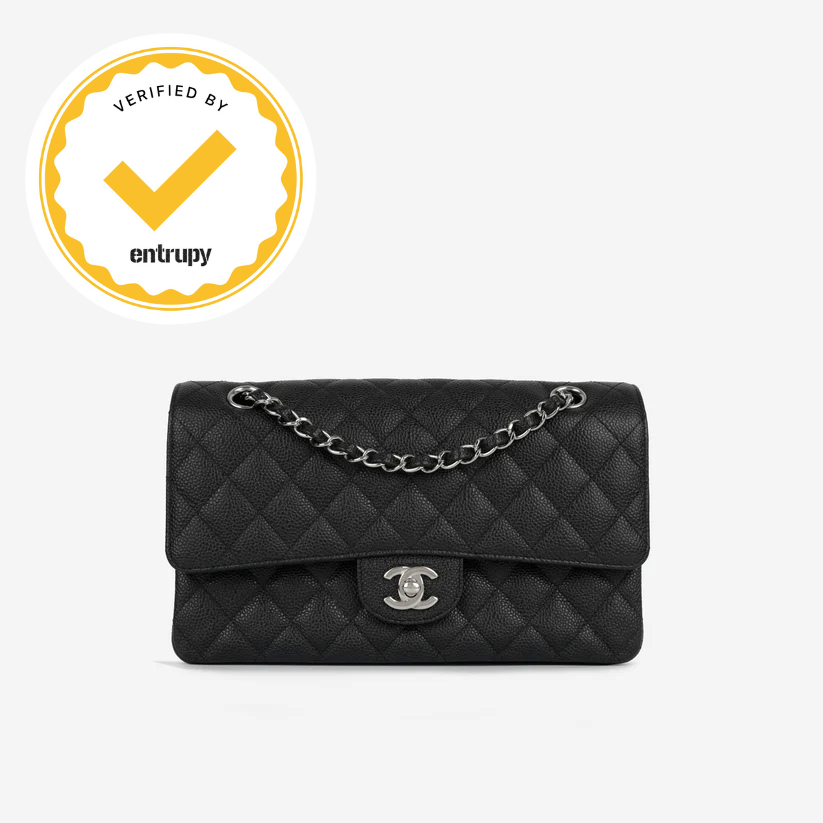 Chanel Classic Medium Double Flap Black Caviar Leather Silver Hardware with Card – Excellent Condition