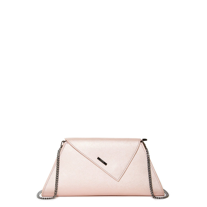 Modenaluxe Rose Gold Metallic Leather Clutch – Convertible Evening Purse with Chain Strap