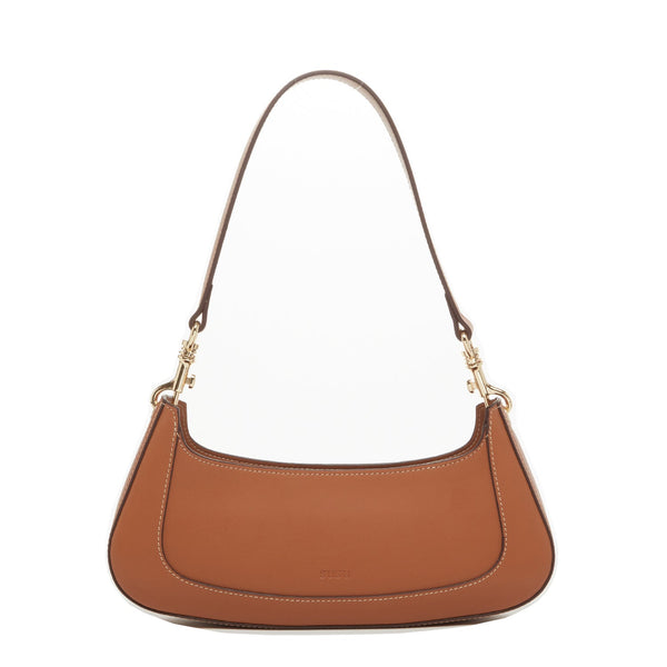 Modenaluxe Brown Leather Baguette Bag – 90s-Inspired Shoulder Purse with Gold Hardware