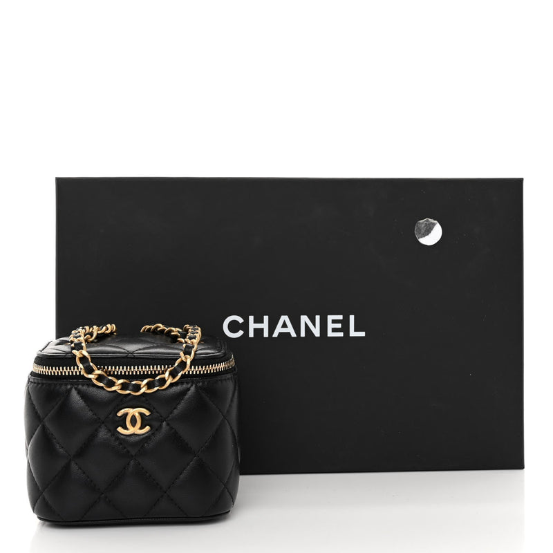 Chanel Golden Ball Box Cosmetic Bag – Quilted Black Lambskin with Gold-Tone Hardware (Size 31)